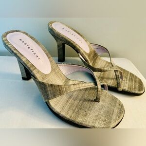 MODIGLIANI Grey Silk Shantung Open-Toed Criss-Cross Sandals Heels